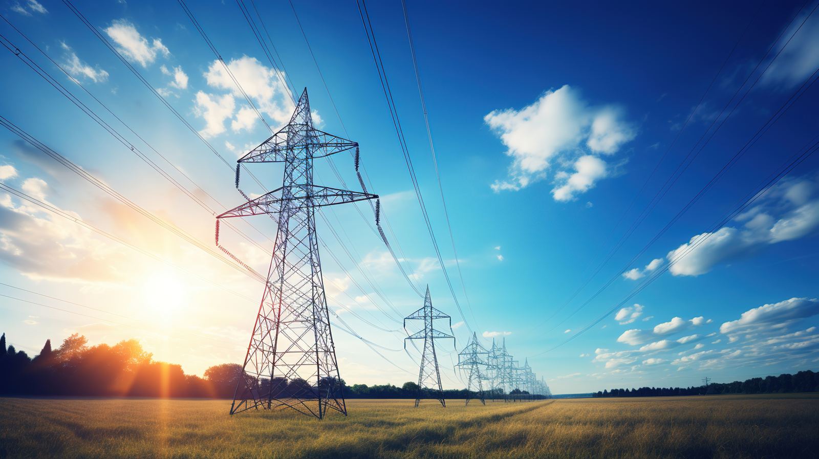 High-voltage transmission lines crossing open country at sunset