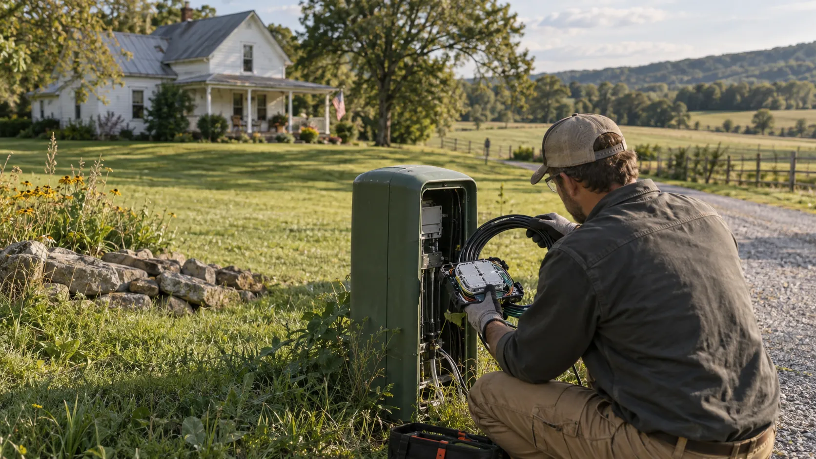 Illustrative fiber technician at a rural property
