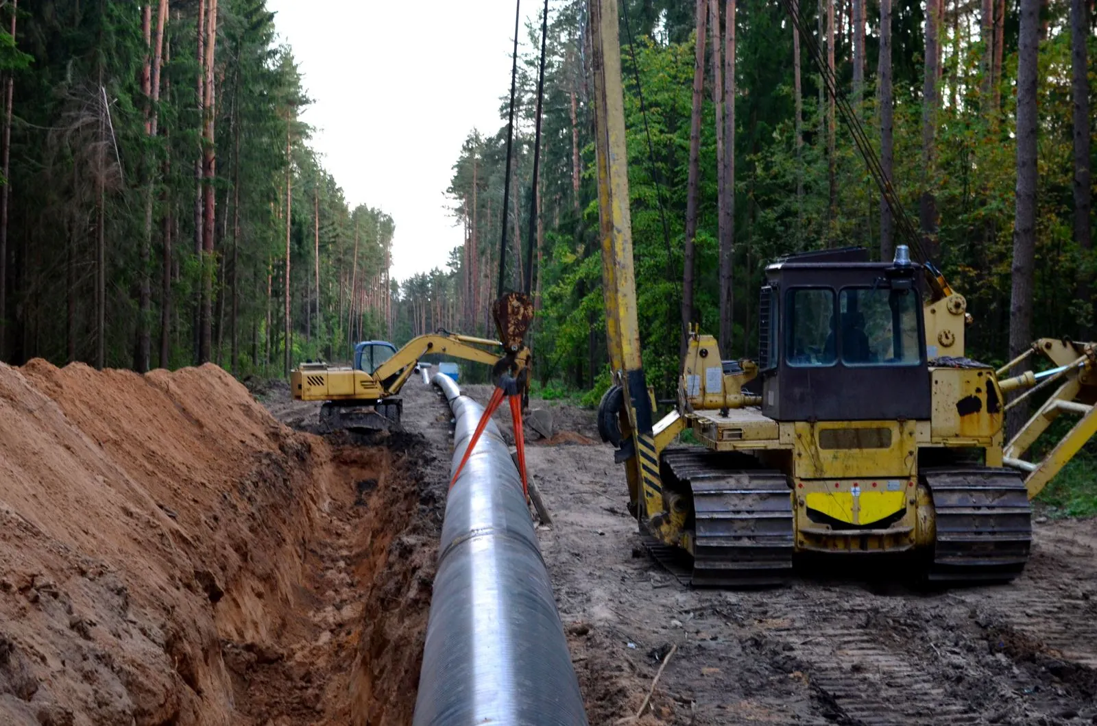 A pipeline being installed along a cleared route through woodland